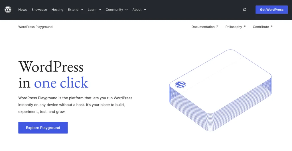 A screenshot of the WordPress Playground landing page with a call to action button that says, "Explore Playground"
